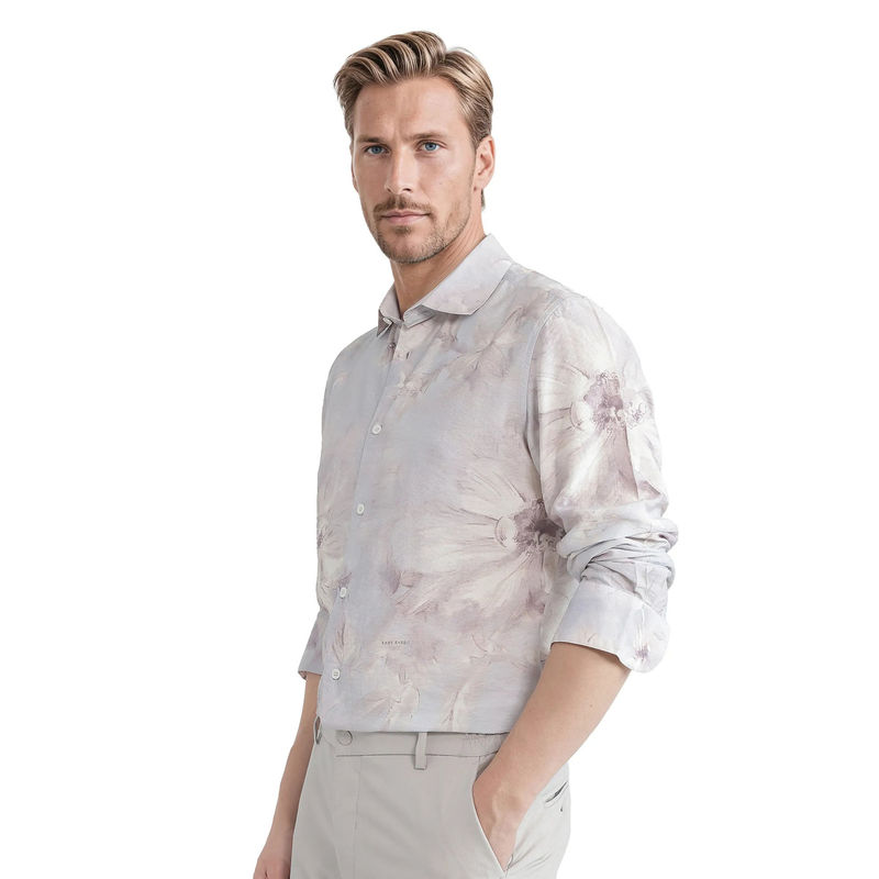 Rare Rabbit Men Silver Printed Casual Shirt (L)