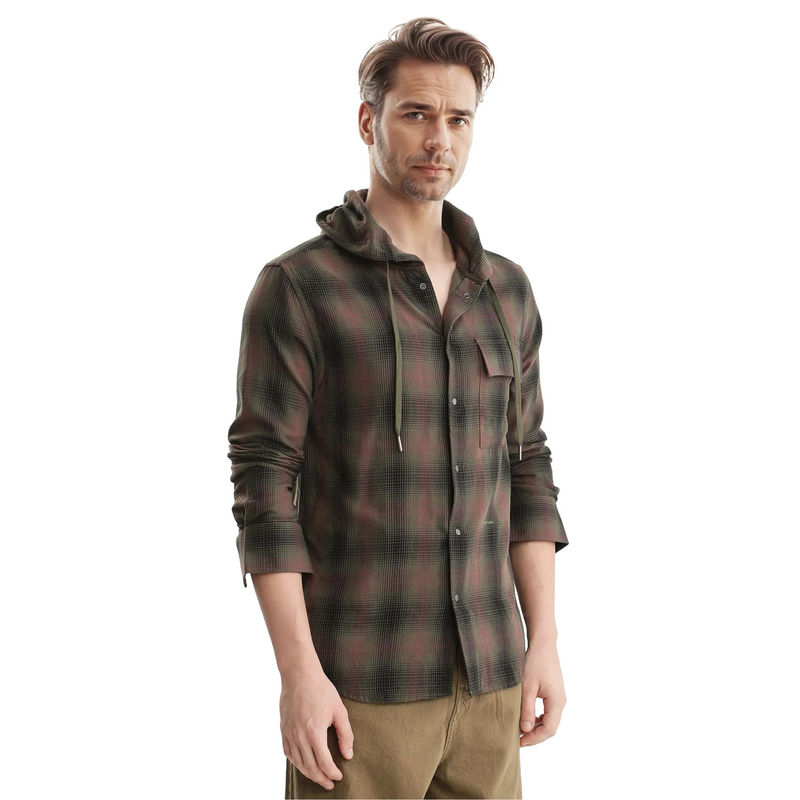 Rare Rabbit Men Olive Checks Casual Shirt (L)