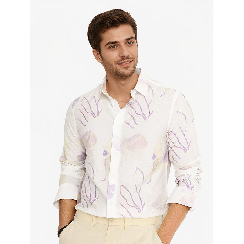 Rare Rabbit Men Off White Printed Casual Shirt (S)