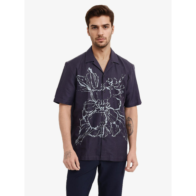 Rare Rabbit Men Navy Blue Floral Casual Shirt (S)