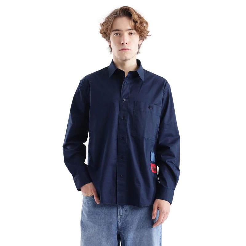 Rare Rabbit Men Navy Blue Printed Casual Shirt (L)