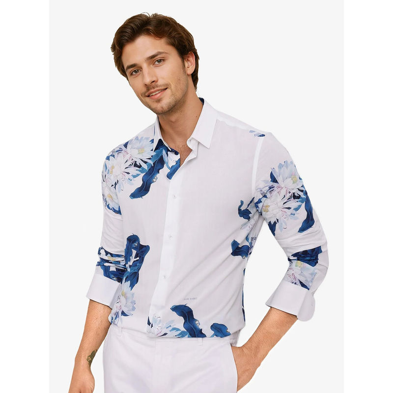 Rare Rabbit Men White Floral Casual Shirt (S)