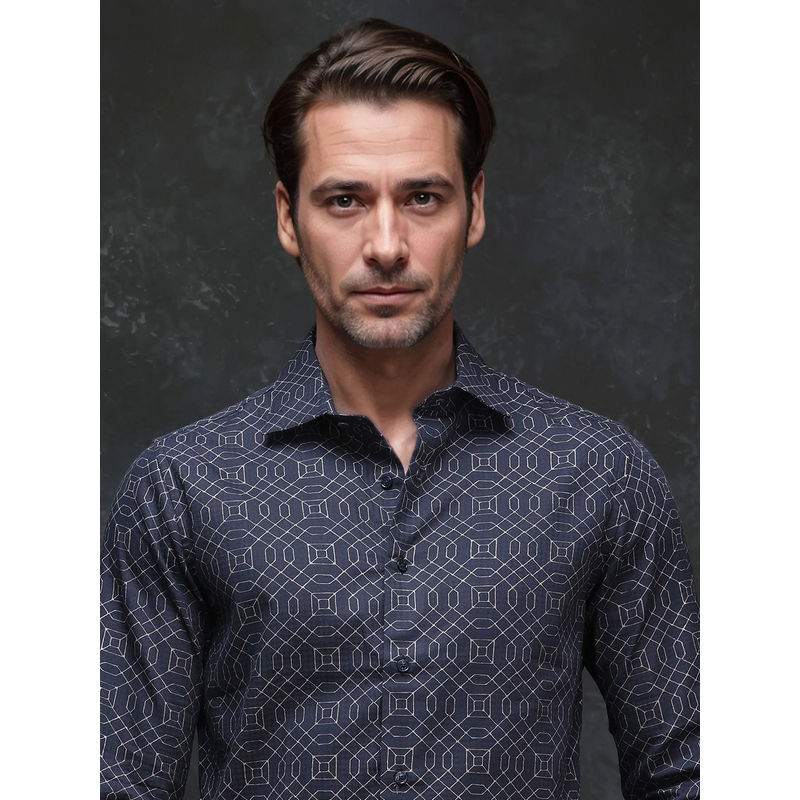 Rare Rabbit Men Navy Blue Self Design Party Shirt (S)