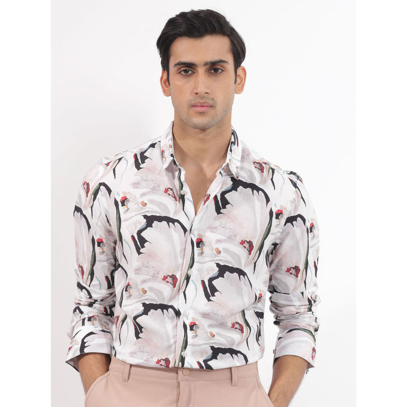 Rare Rabbit Men White Floral Casual Shirt (S)