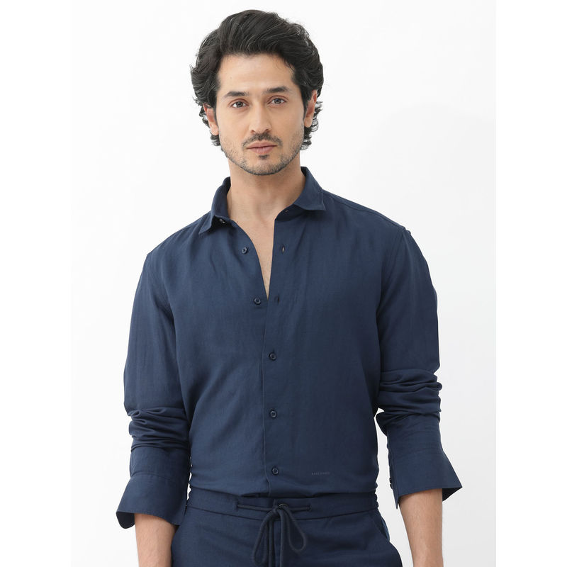 Rare Rabbit Men Navy Blue Solid Casual Shirt (2XL)