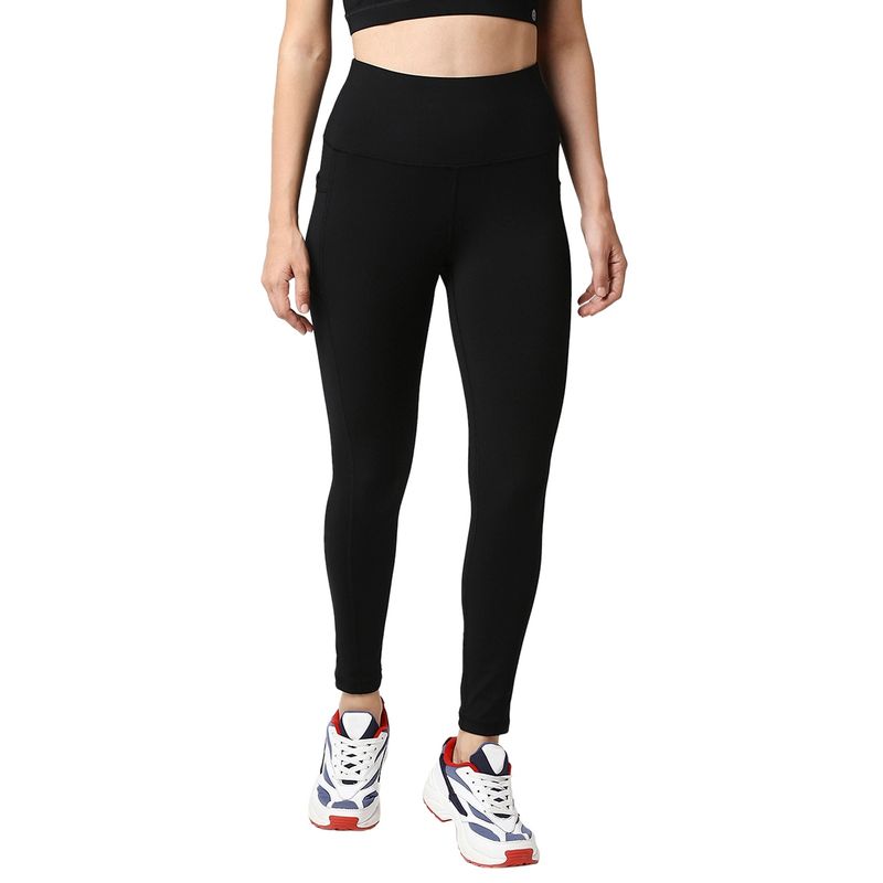 SOIE High Waist Ankle Length Quick Dry Sports Leggings With Side Pockets-Black (M)