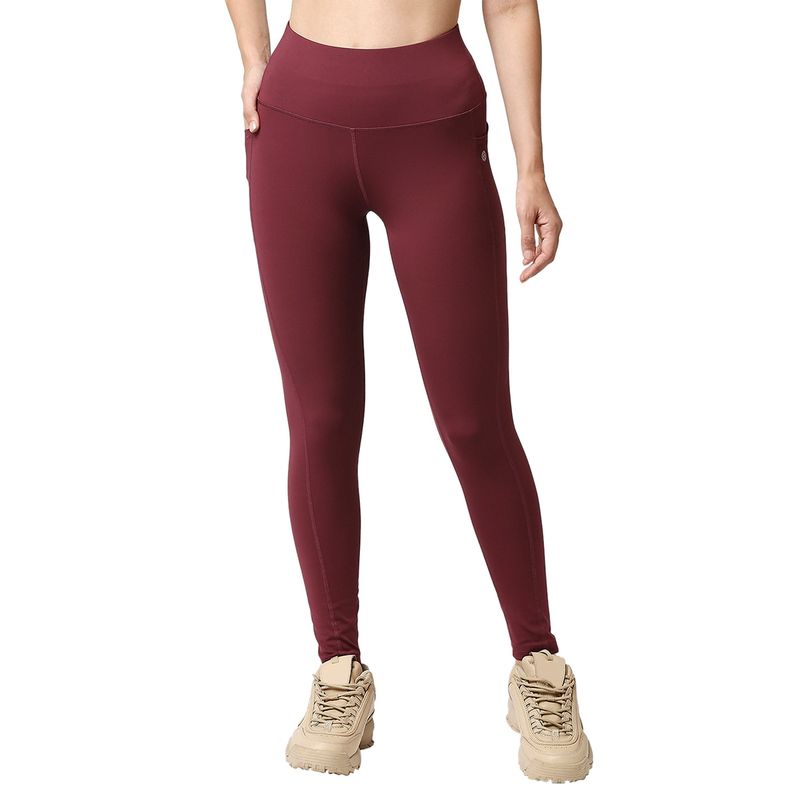SOIE High Waist Ankle Length Quick Dry Sports Leggings With Side Pockets-Wine (M)