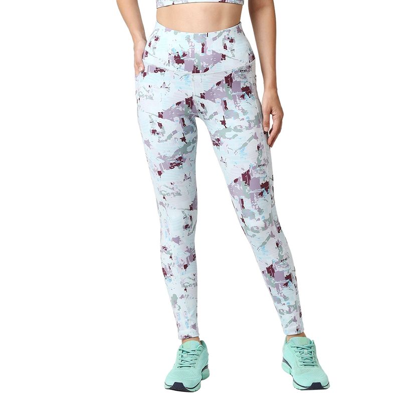 SOIE High Waist Ankle Length Quick Dry Printed Sports Leggings With Side Pockets-Multi-Color (M)