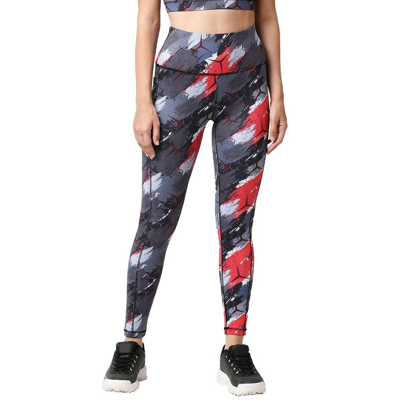 SOIE High Waist Ankle Length Quick Dry Printed Sports Leggings With Side Pockets-Multi-Color (L)