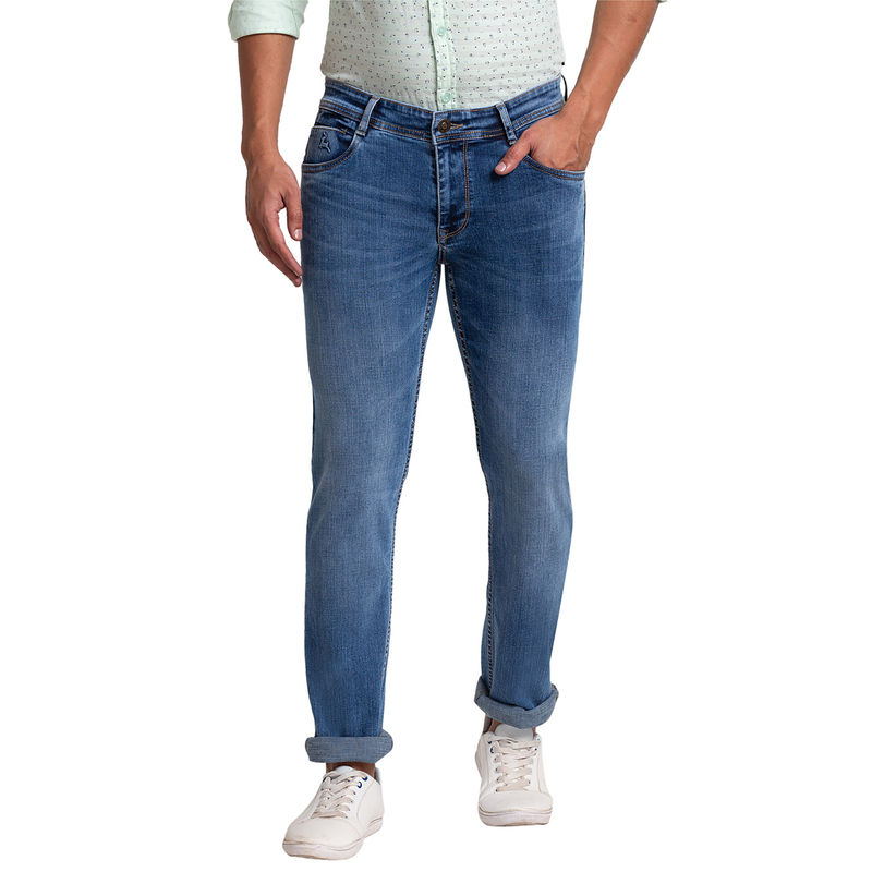 Parx Slim Straight Fit Solid Blue Jeans (38)