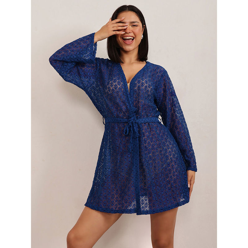 Clovia Lace Basic Sheer Robe Blue (L)