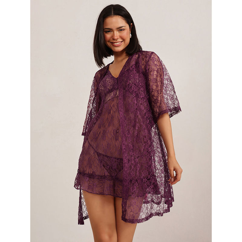 Clovia Lace Solid Robe Purple (Set of 2) (2XL)