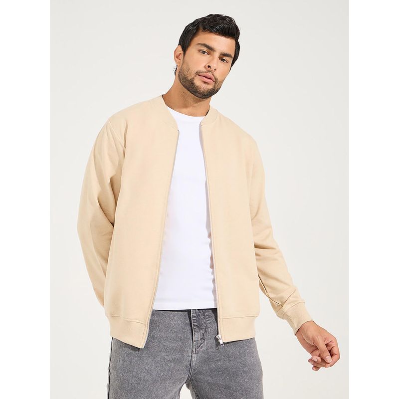 Styli Men Cream Zip Through Relaxed Bomber Jacket (L)