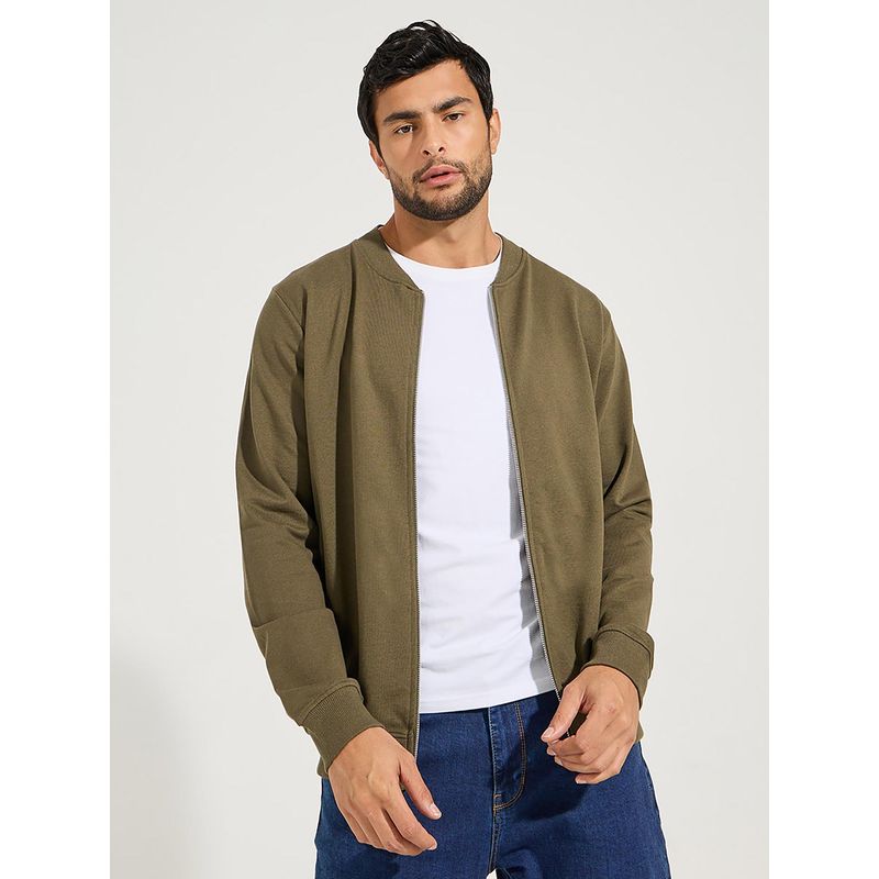 Styli Men Olive Zip Through Relaxed Bomber Jacket (M)