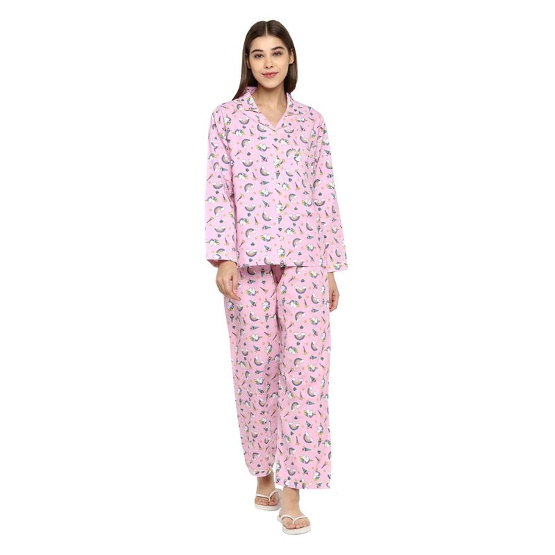 Shopbloom Cotton Unicorn Print | Long Sleeve with Pajama Set | Women's Night Suit - Pink (XS)