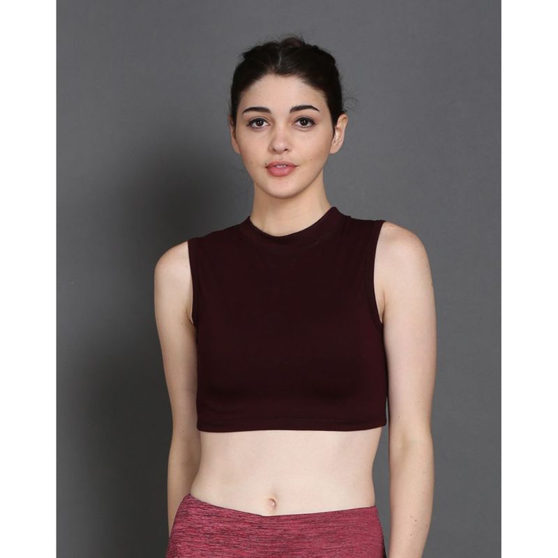 The Dance Bible Sleeveless Mock Neck Wine Color Sports Crop Top (S)