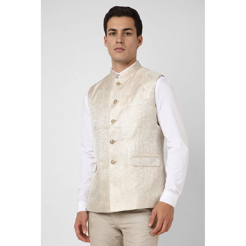 Van Heusen Men Beige Textured Wedding Nehru Jacket (38)