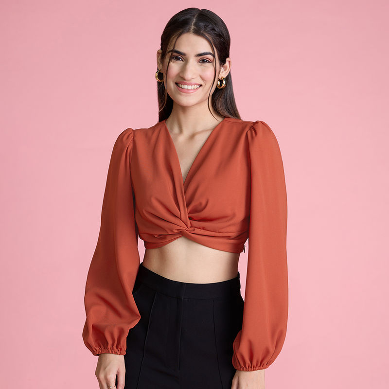 Twenty Dresses by Nykaa Fashion Rust Full Sleeves V Neck Crop Top (S)