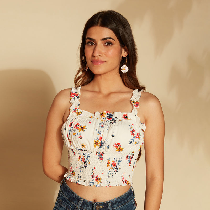 Twenty Dresses by Nykaa Fashion White and Multicolor Floral Print Ruched Top (M)