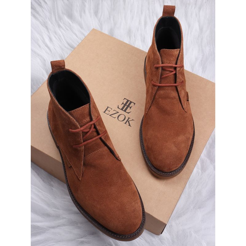 EZOK Men Snuff Brown Lace Up Solid Pattern Leather Boots (UK 6)