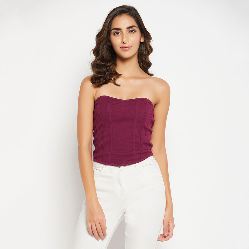 Clovia Chic Basic Ribbed Bustier In Wine Colour - Cotton (XL)
