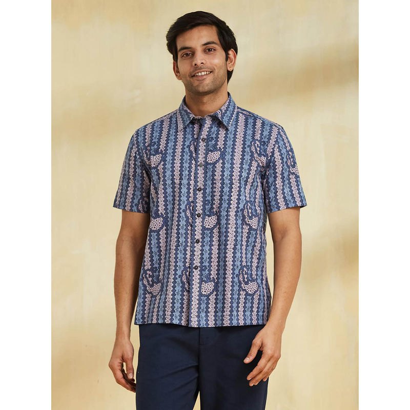 Fabindia Blue Cotton Hand Block Printed Shirt (XS)