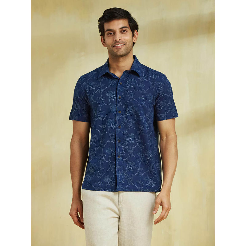 Fabindia Indigo Blue Cotton Dabu Printed Shirt (XS)