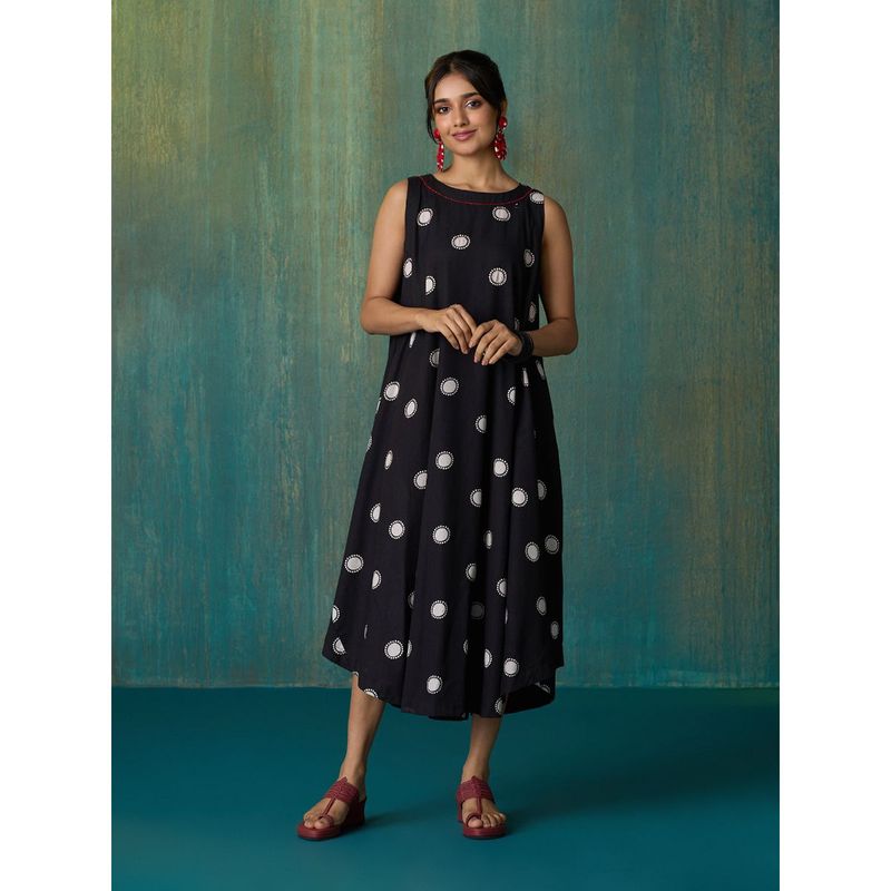 Likha Black Polka Dot Printed Cotton Flex Flared Dress LIKDRS71 (M)