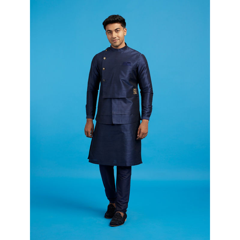 Diwas by Manyavar Men Blue Art Silk Textured Kurta with Pyjama and Jacket (S)