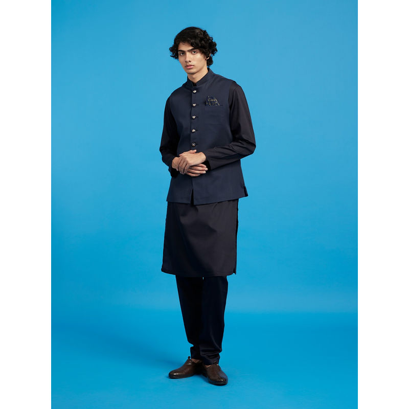 Diwas by Manyavar Men Blue Cotton Solid Kurta with Pyjama and Jacket (XL)