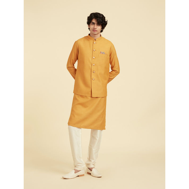 Diwas by Manyavar Men Yellow Viscose Blend Textured Kurta with Pyjama and Jacket (M)