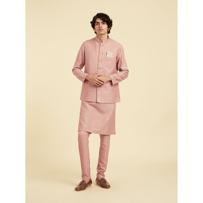 Diwas by Manyavar Men Pink Viscose Blend Textured Kurta with Trouser and Jacket (M)