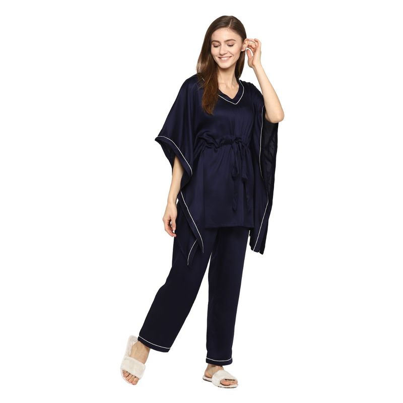 Shopbloom Ultra Soft Navy Modal Satin Women's Kaftan Night Suit - Navy Blue (L)