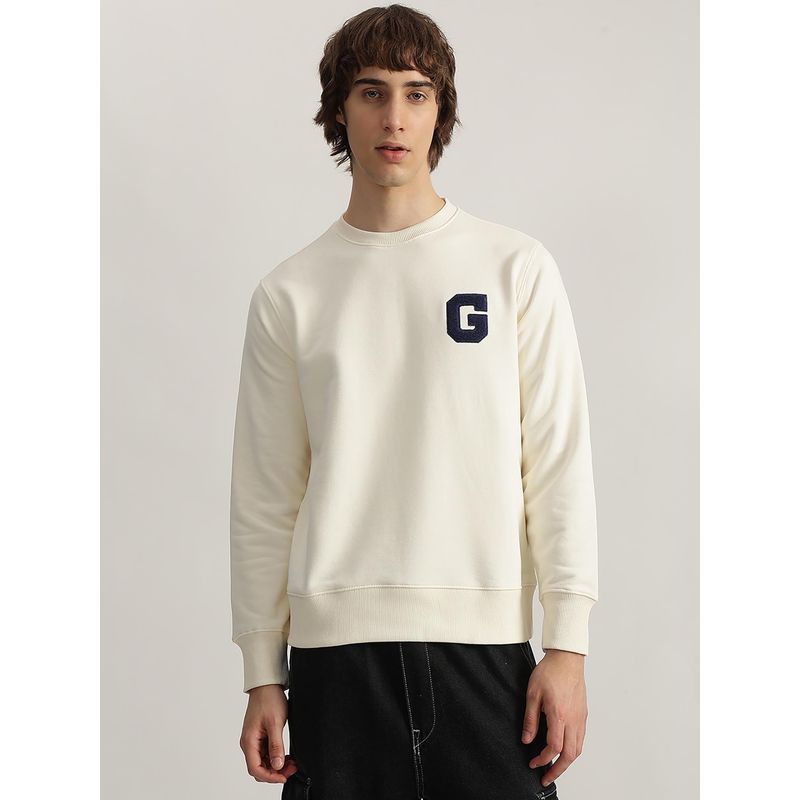 GANT Men Cream Solid Round Neck Full Sleeves Sweatshirt (L)