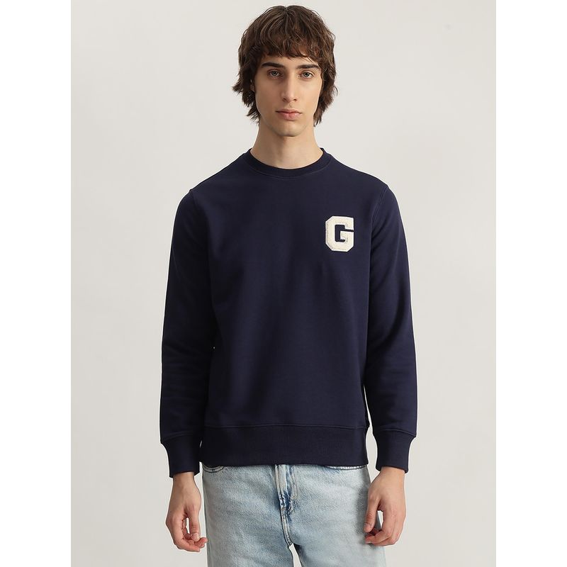 GANT Men Navy Blue Solid Round Neck Full Sleeves Sweatshirt (L)