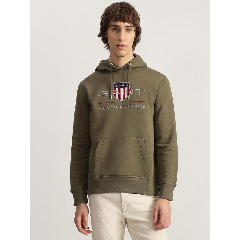 GANT Men Olive Embroidered Hooded Full Sleeves Hoodie (S)