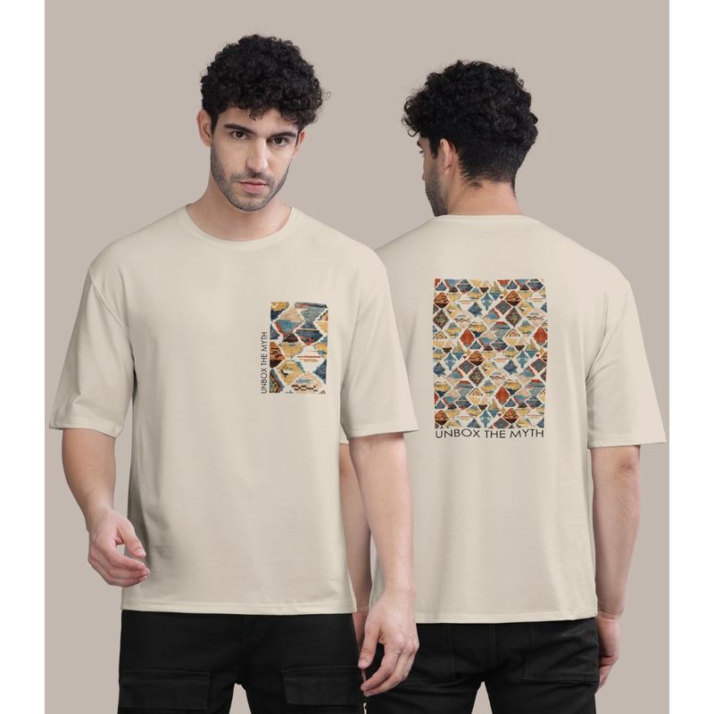 BULLMER Cream Front and Back Printed Colourblock Baggy Oversized T-Shirt for Men (XL)
