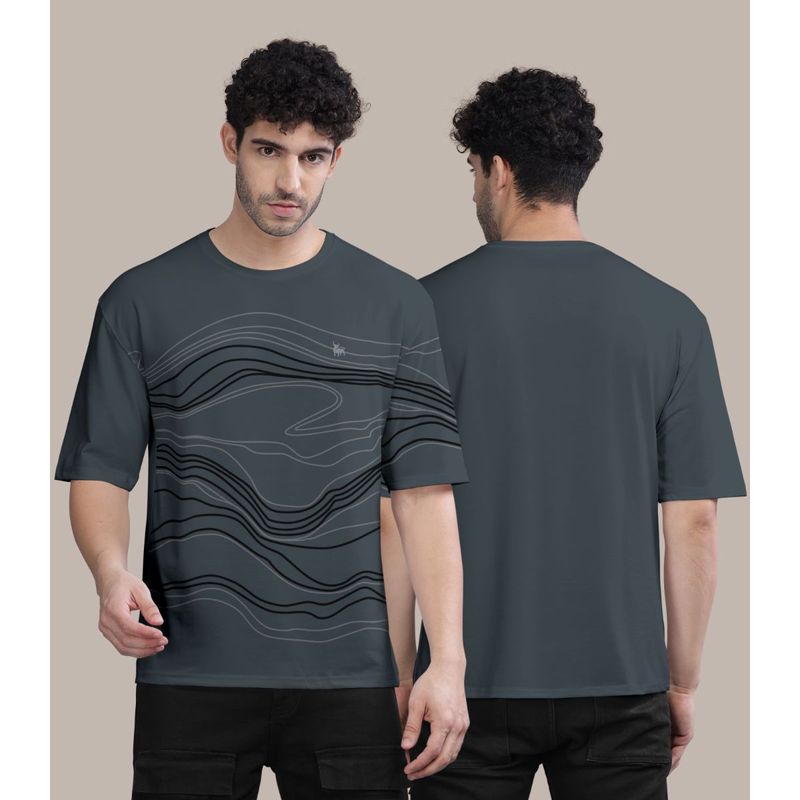 BULLMER Dark Grey Front Printed Colourblock Baggy Oversized T-Shirt for Men (XL)