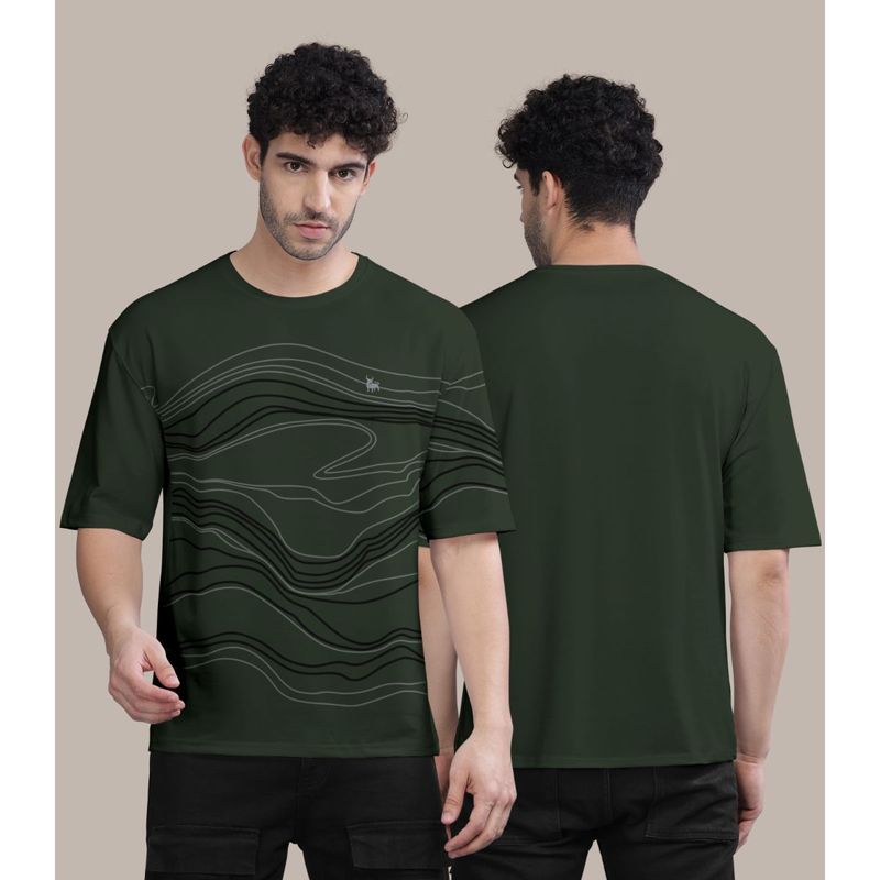 BULLMER Olive Front Printed Colourblock Baggy Oversized T-Shirt for Men (XL)