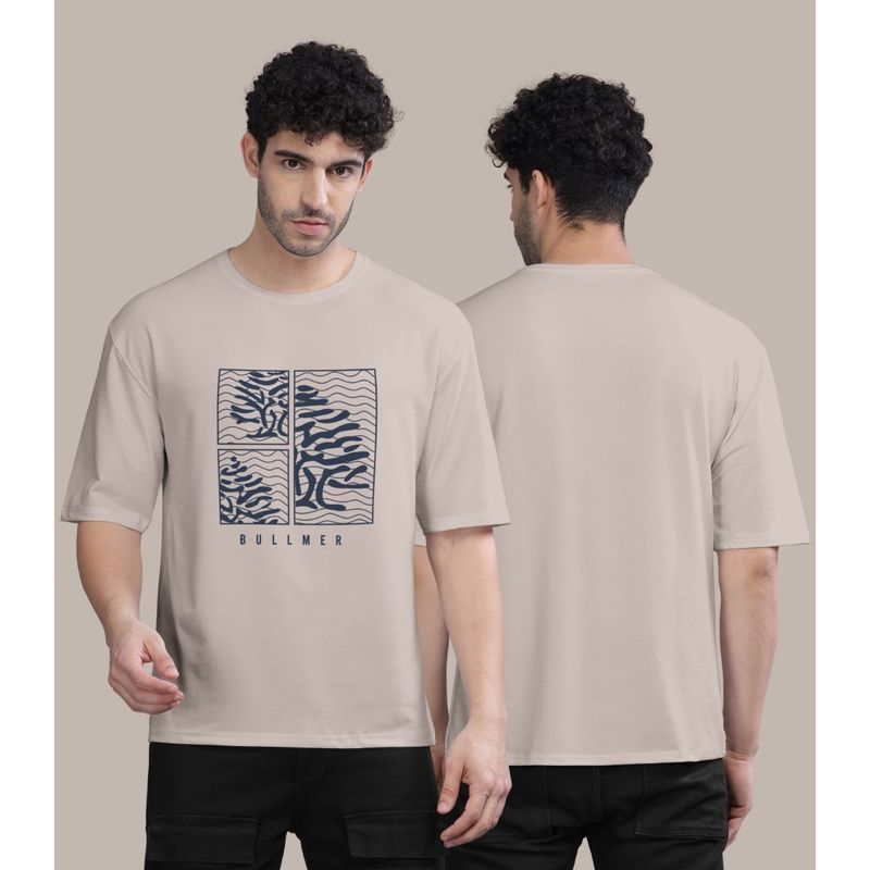 BULLMER Beige Front Printed Colourblock Baggy Oversized T-Shirt for Men (L)