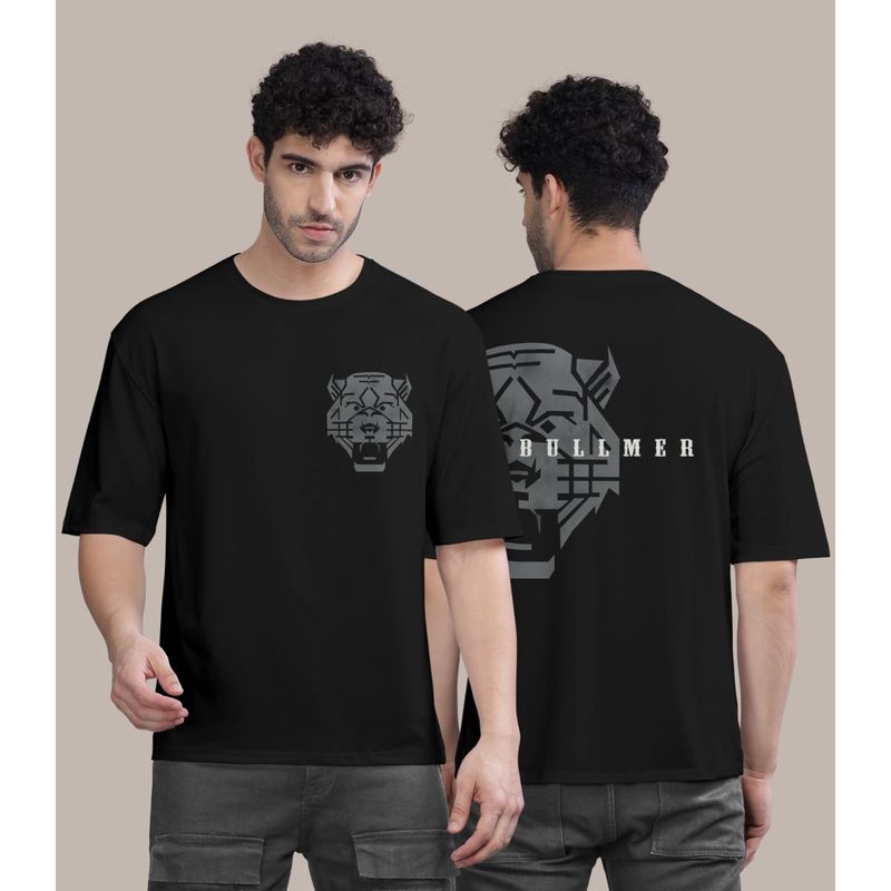 BULLMER Black Front and Back Printed Colourblock Baggy Oversized T-Shirt for Men (L)