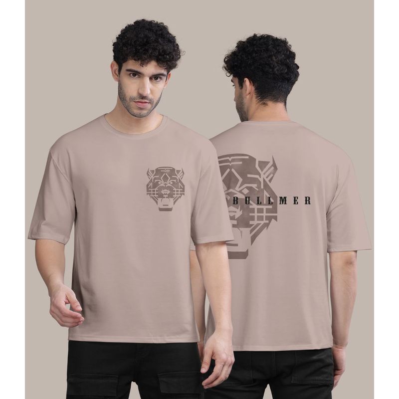BULLMER Brown Front and Back Printed Colourblock Baggy Oversized T-Shirt for Men (M)
