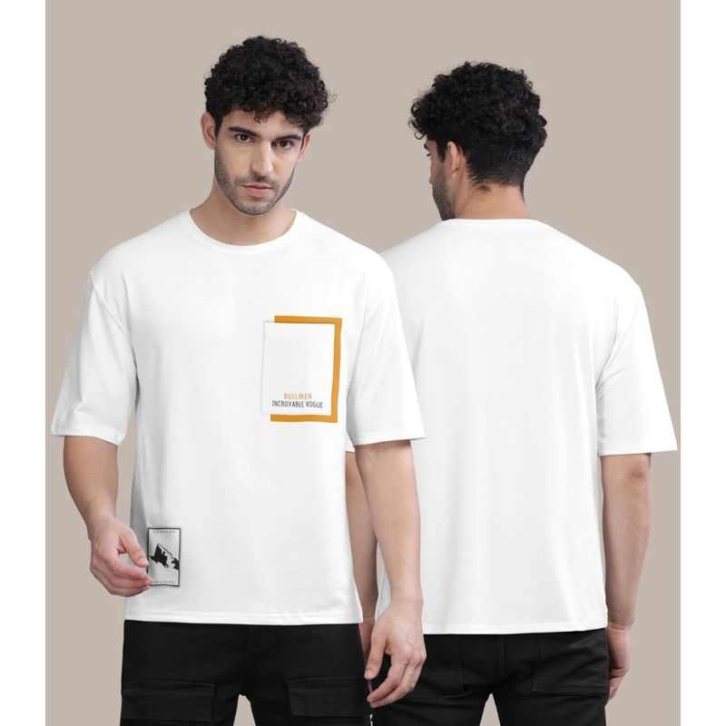 BULLMER White Melange Front Printed Colourblock Baggy Oversized T-Shirt for Men (XL)