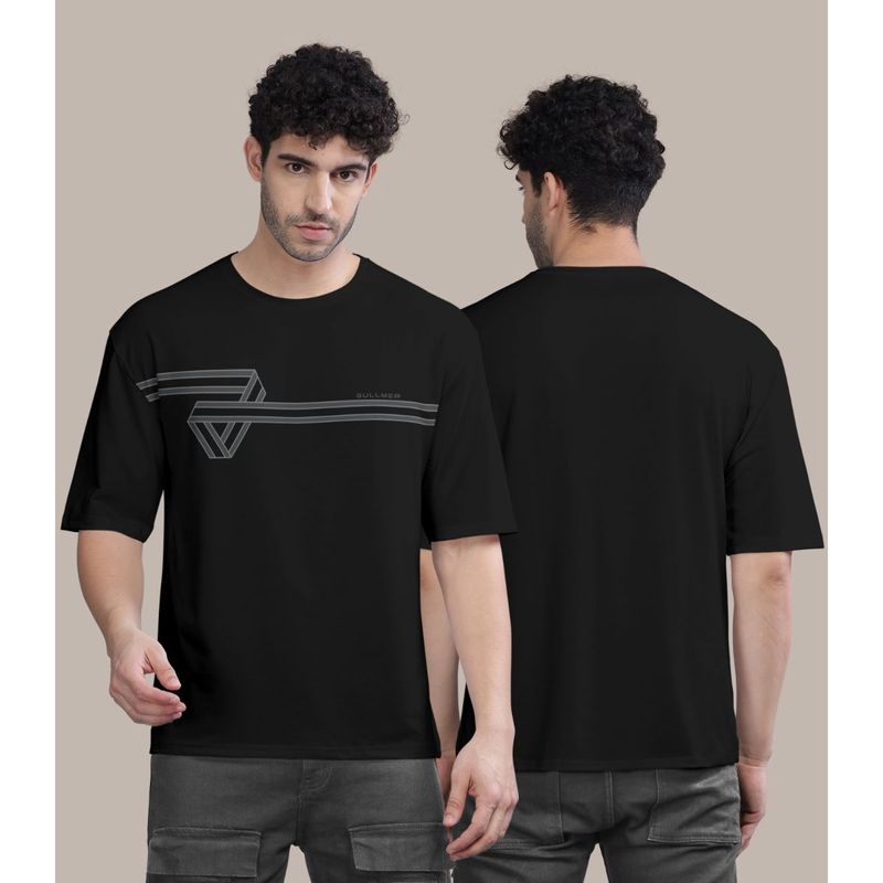 BULLMER Black Front Printed Colourblock Baggy Oversized T-Shirt for Men (XL)