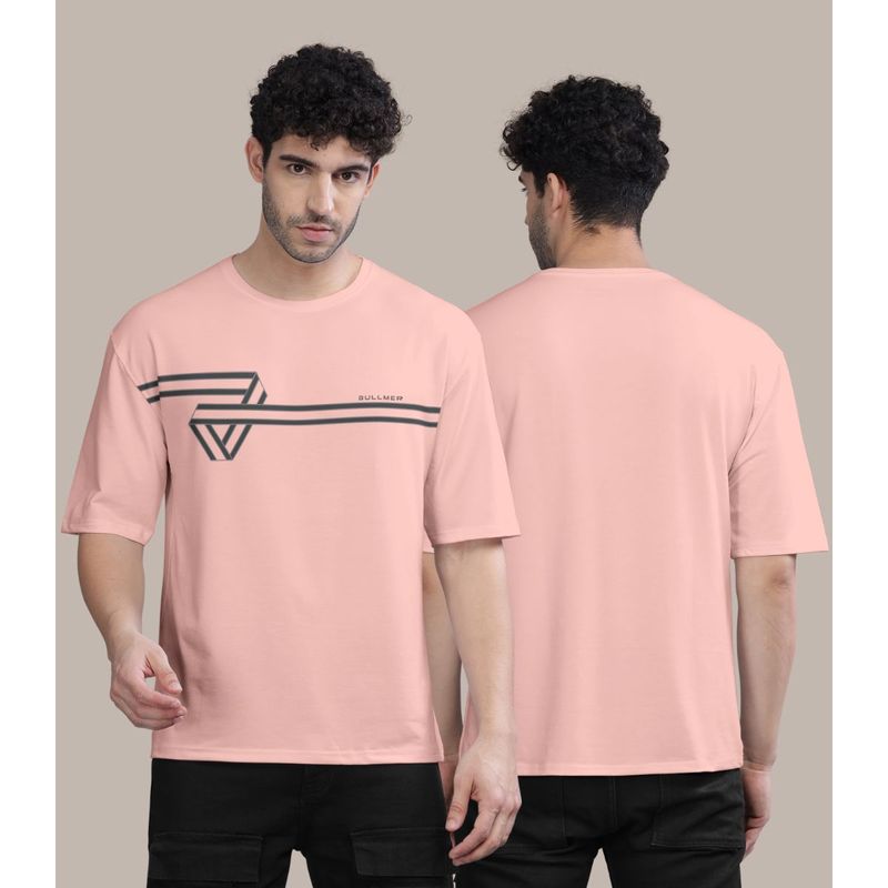 BULLMER Peach Front Printed Colourblock Baggy Oversized T-Shirt for Men (S)