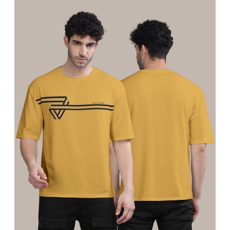 BULLMER Mustard Front Printed Colourblock Baggy Oversized T-Shirt for Men (2XL)