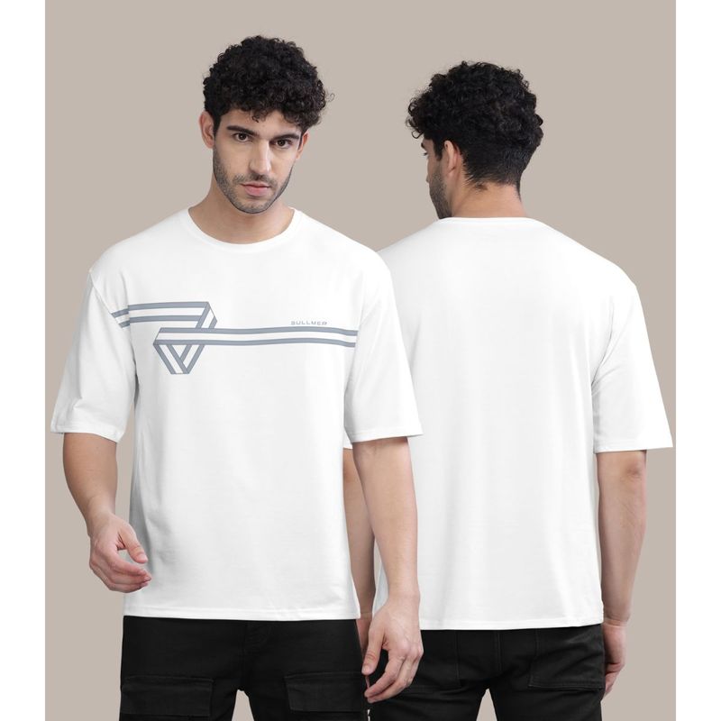 BULLMER White Melange Front Printed Colourblock Baggy Oversized T-Shirt for Men (M)