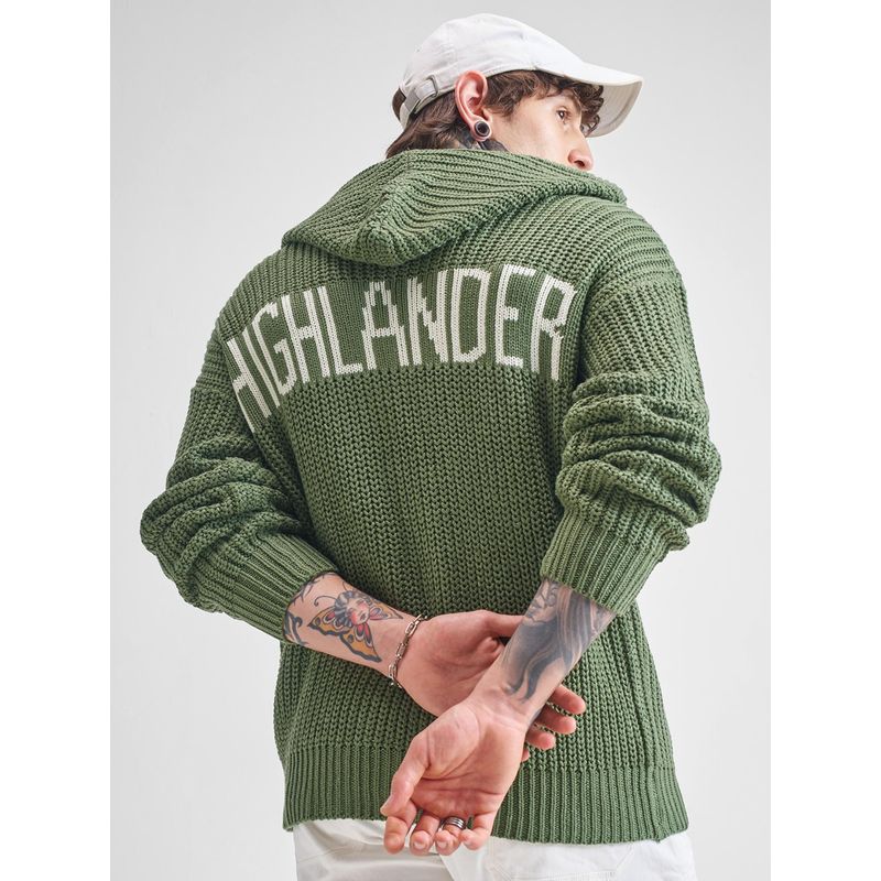 HIGHLANDER Men Green Self Design Zip Closure Hooded Sweater (M)