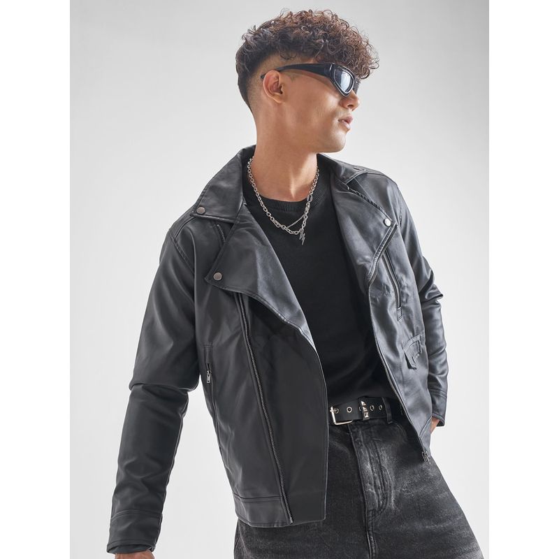 HIGHLANDER Men Black Solid Leather Jacket (L)
