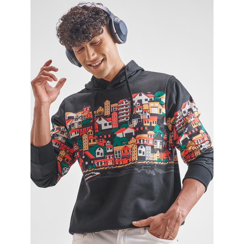HIGHLANDER Black Printed Regular Fit Hoodie (L)